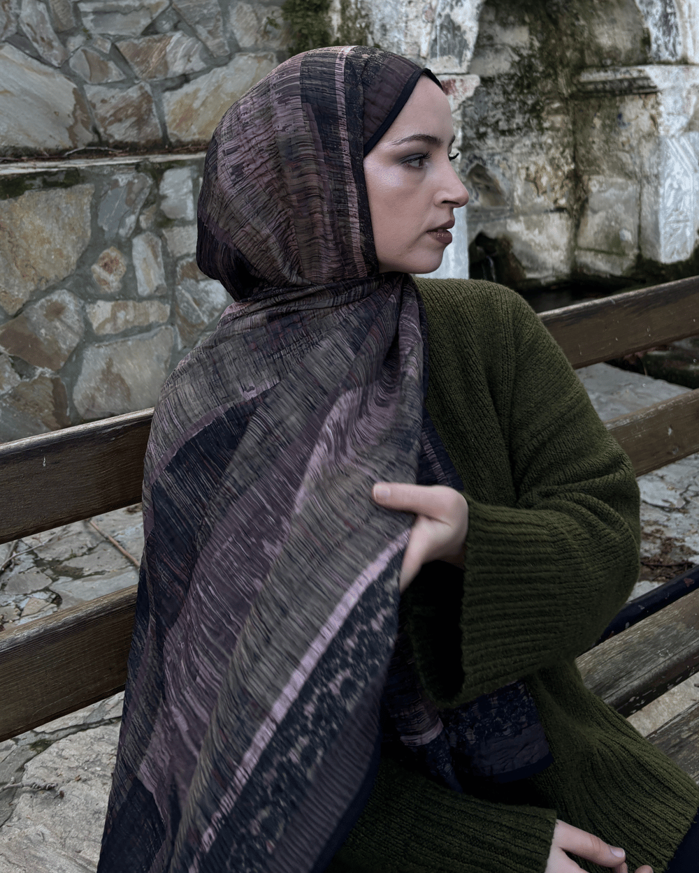 Mürdüm Gölge Desenli Müslin Şal