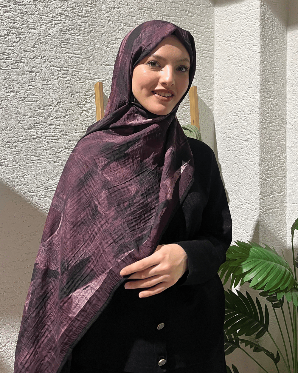 Mürdüm Saçak Desenli Müslin Şal
