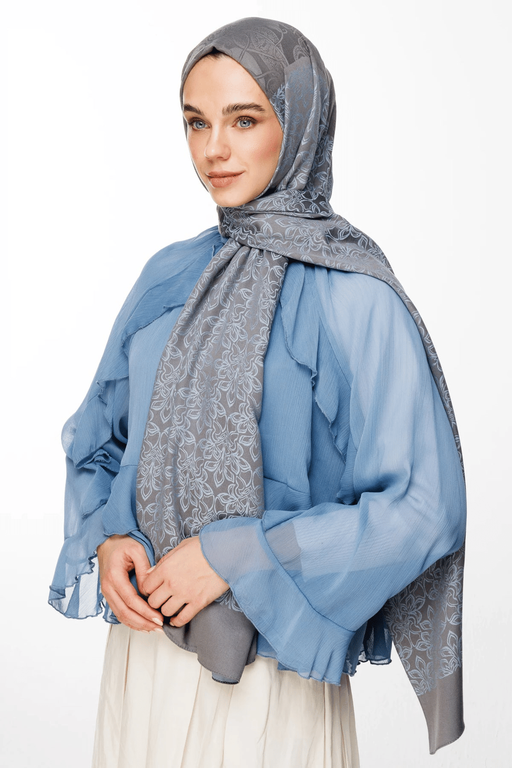 Nora Desen Çift Taraflı Şal - Koyu Gri-Açık Mavi