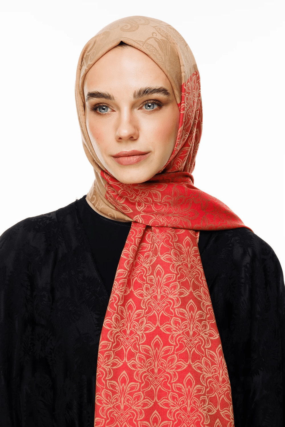 Nora Desen Çift Taraflı Şal - Vizon-Kırmızı