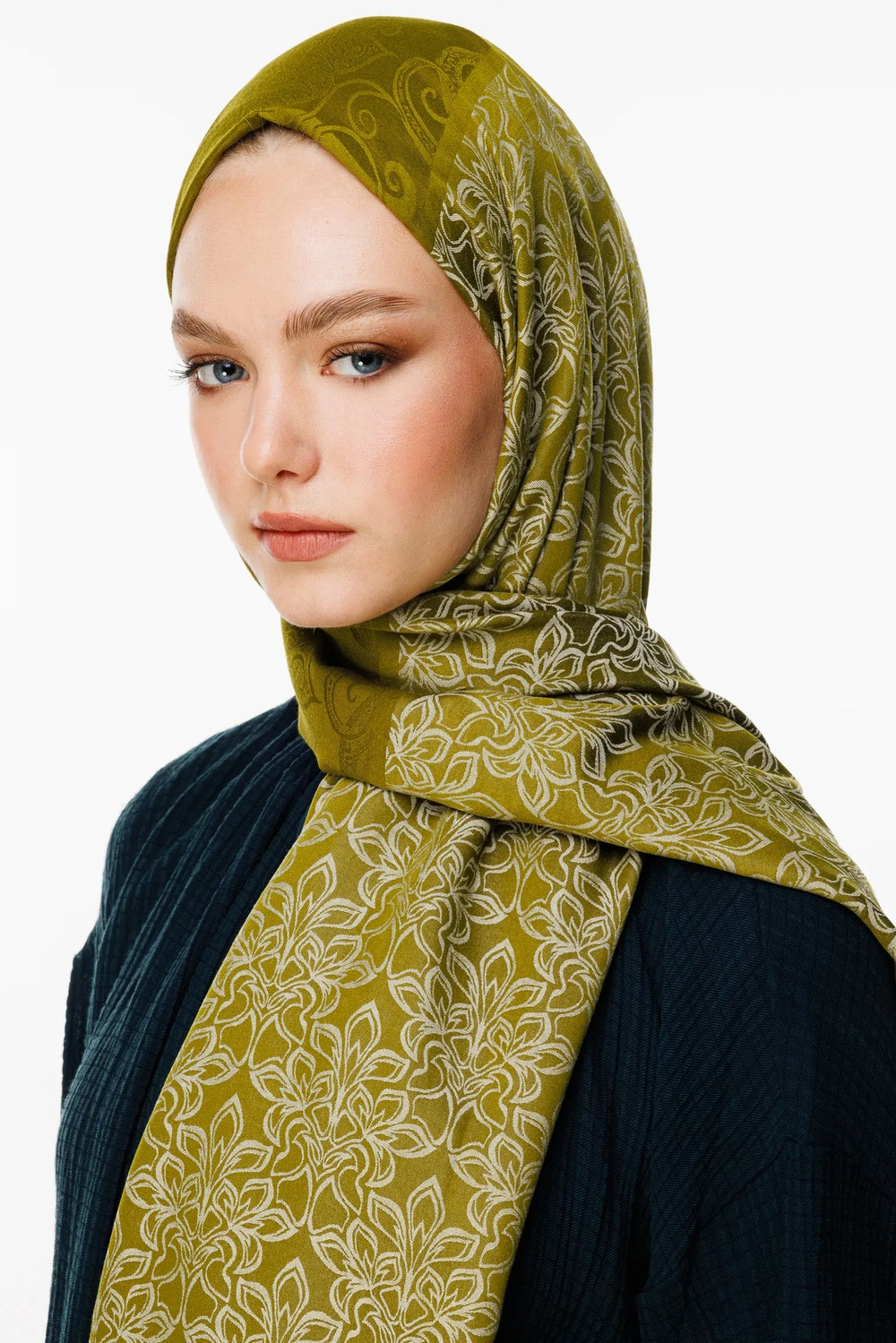 Nora Desen Çift Taraflı Şal - Yağ Yeşili-Ekru