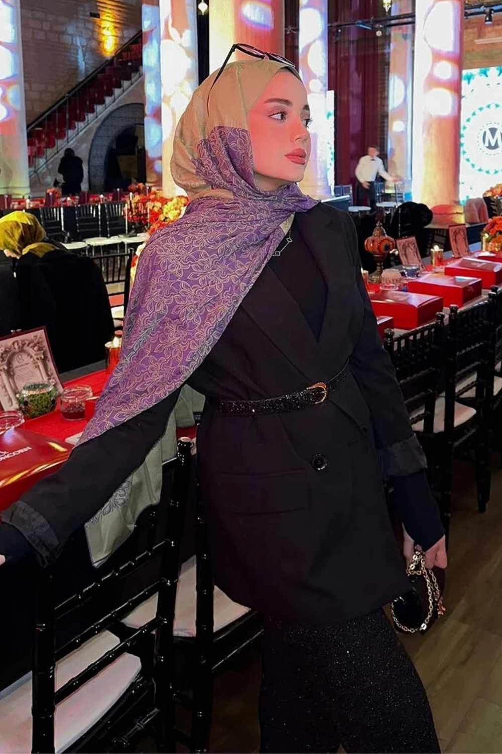 Nora Desen Çift Taraflı Şal - Zeytin-Mor