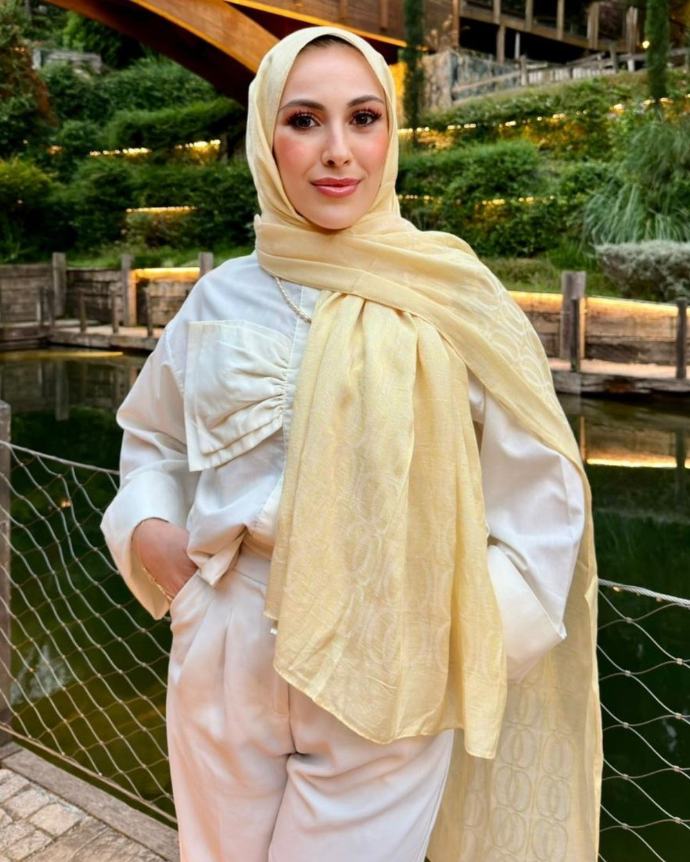Pastel Sarı Imannoor Aura Desen Pamuk Jakar Şal