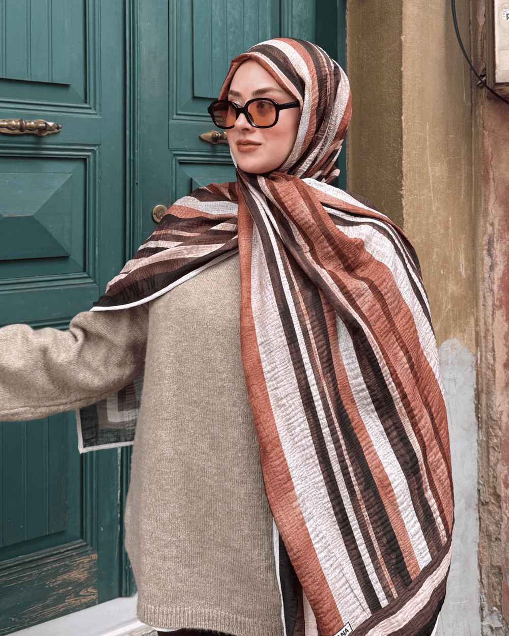 Pastel Turuncu Kanyon Desenli Müslin Şal