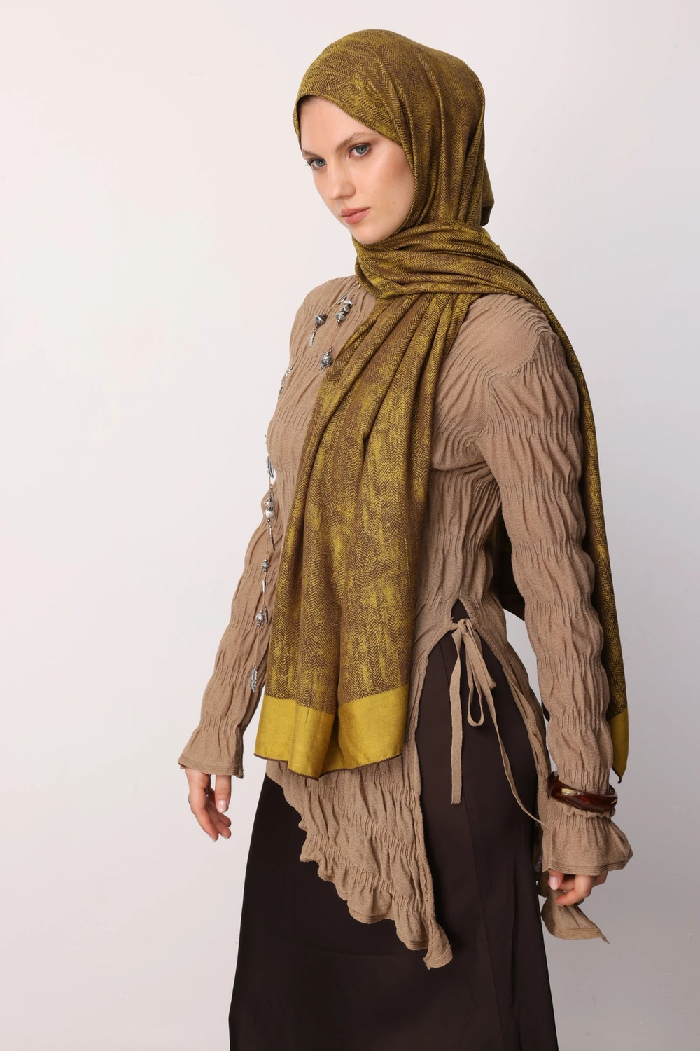 Sahra Desen Çift Taraflı Şal - Acı Kahve-Somon