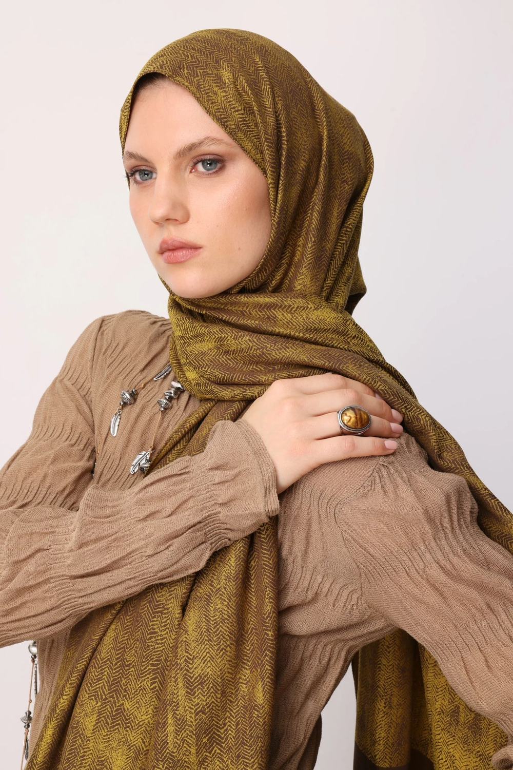 Sahra Desen Çift Taraflı Şal - Acı Kahve-Somon