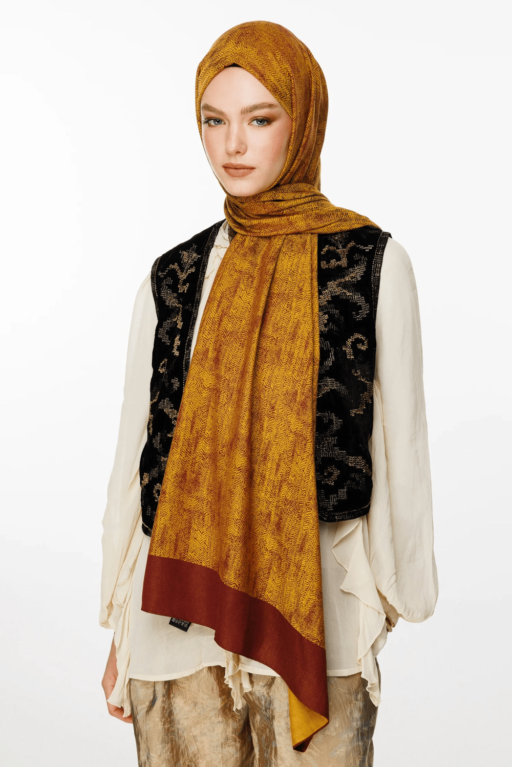 Sahra Desen Çift Taraflı Şal - Mürdüm-Sarı