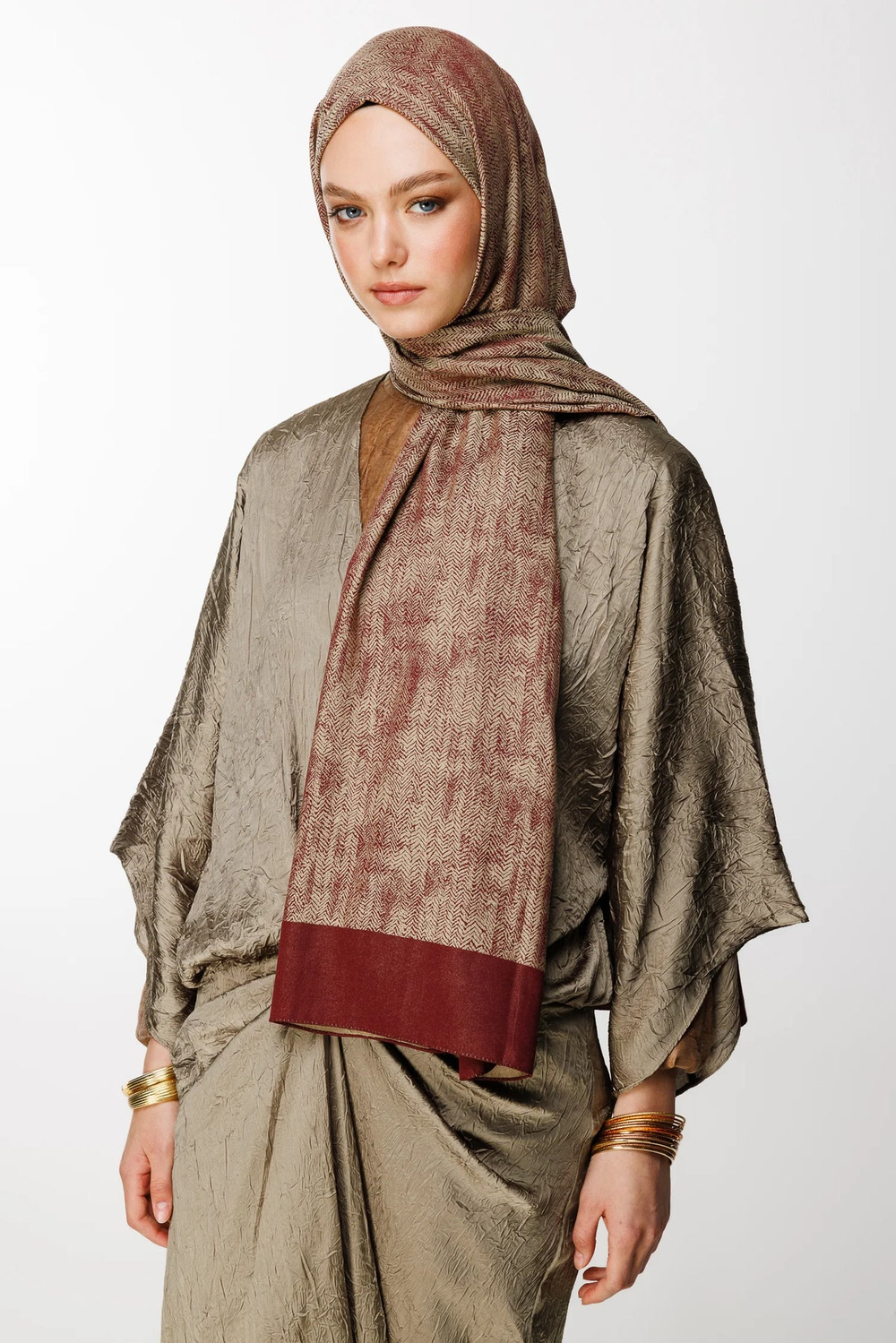 Sahra Desen Çift Taraflı Şal - Mürdüm-Somon
