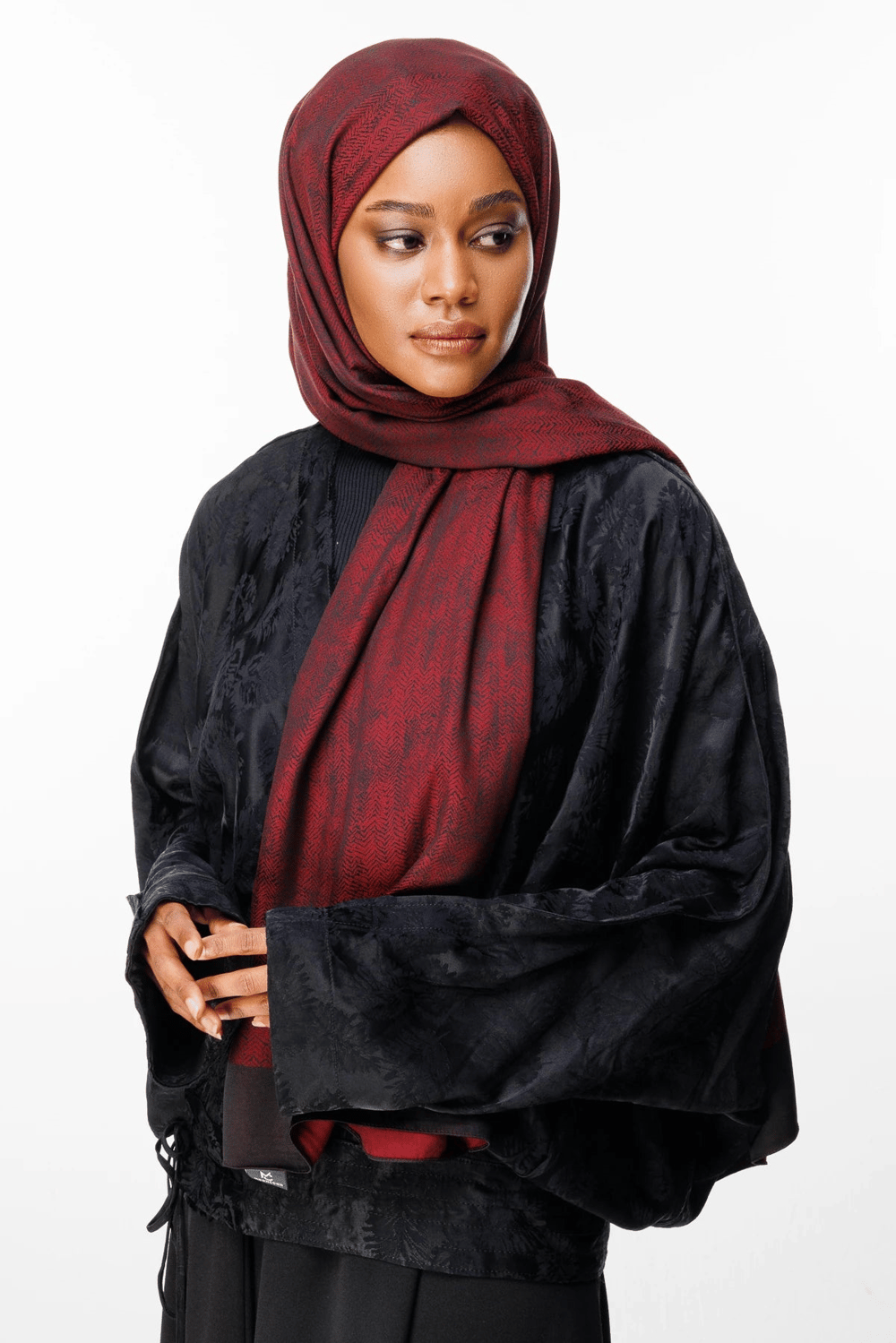 Sahra Desen Çift Taraflı Şal - Siyah-Bordo