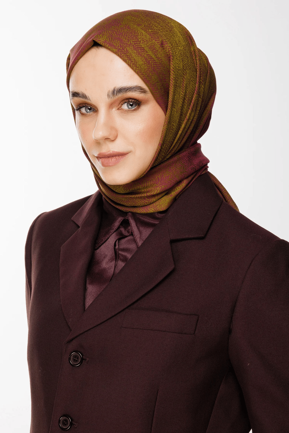 Sahra Desen Çift Taraflı Şal - Yağ Yeşili-Mürdüm