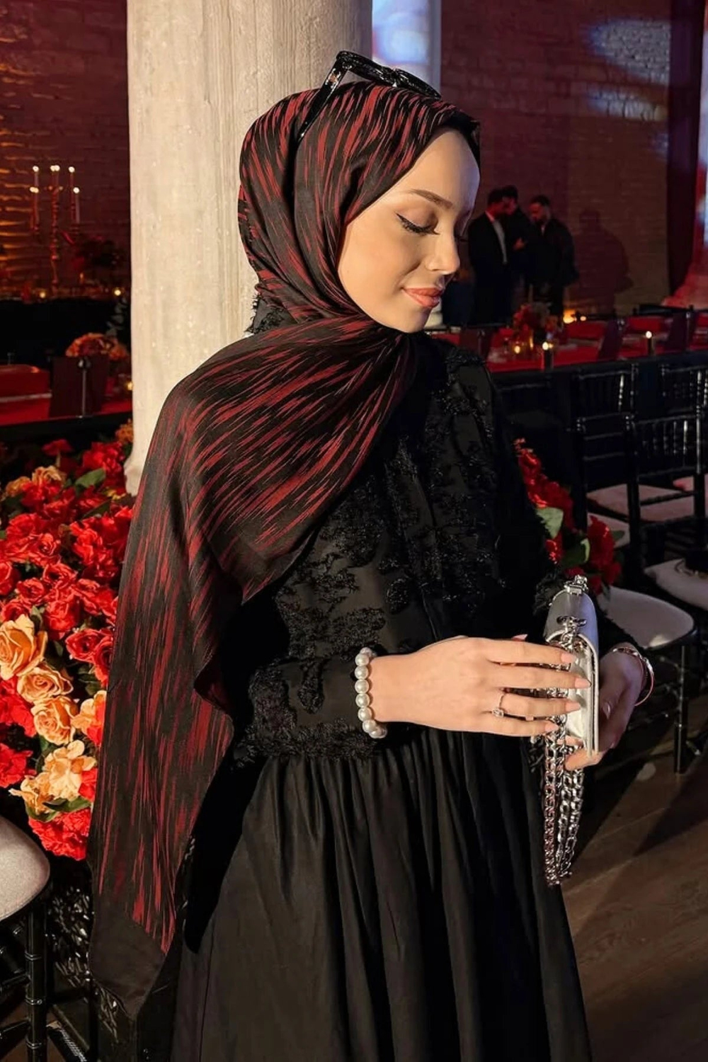 Selis Desen Çift Taraflı Şal - Siyah-Bordo