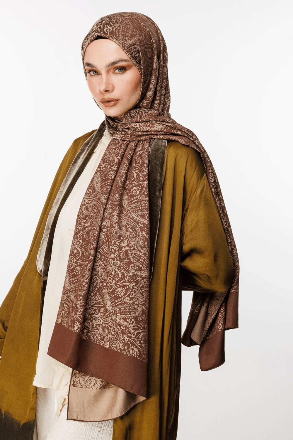 Velora Desen Çift Taraflı Şal - Acı Kahve-Bej