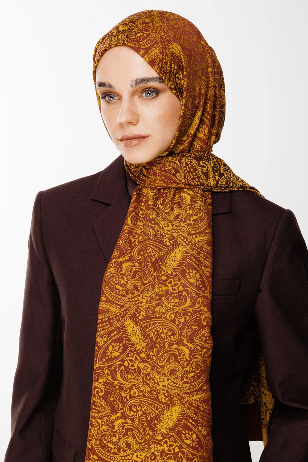 Velora Desen Çift Taraflı Şal - Mürdüm-Sarı