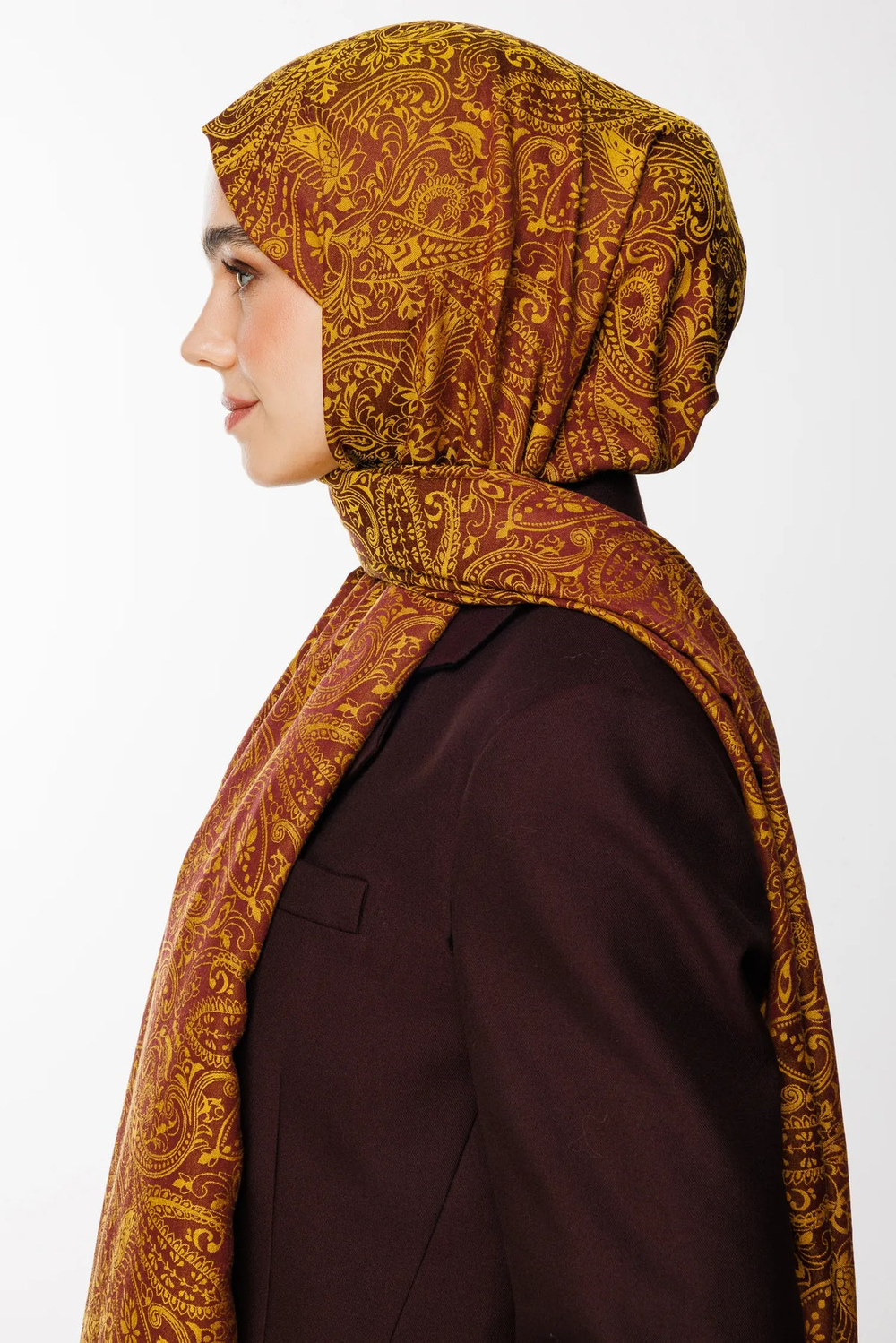 Velora Desen Çift Taraflı Şal - Mürdüm-Sarı