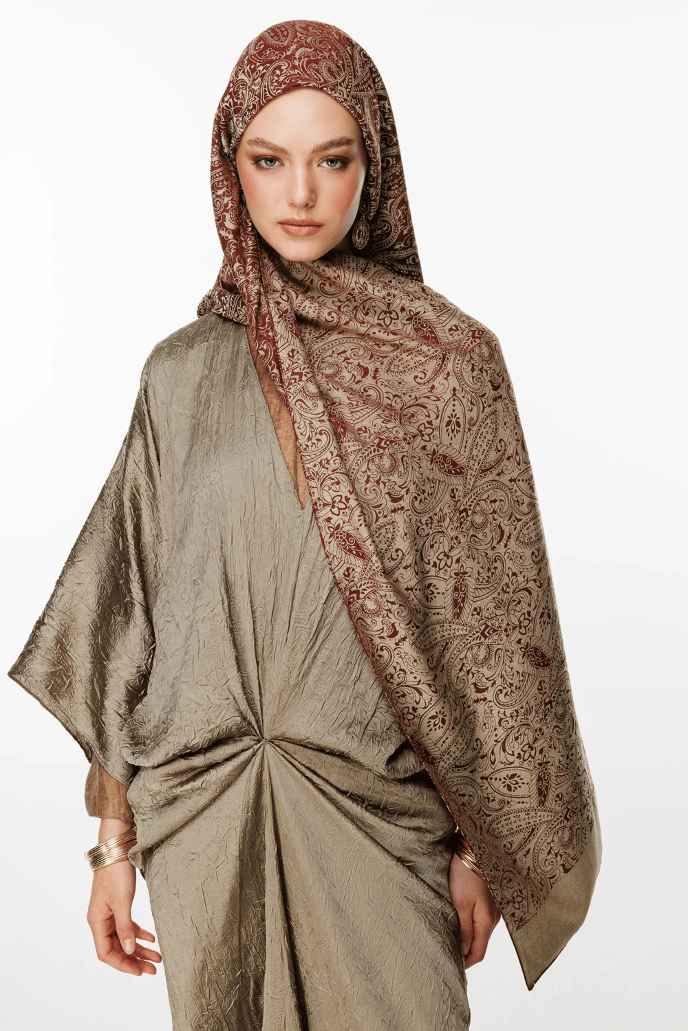 Velora Desen Çift Taraflı Şal - Mürdüm-Somon