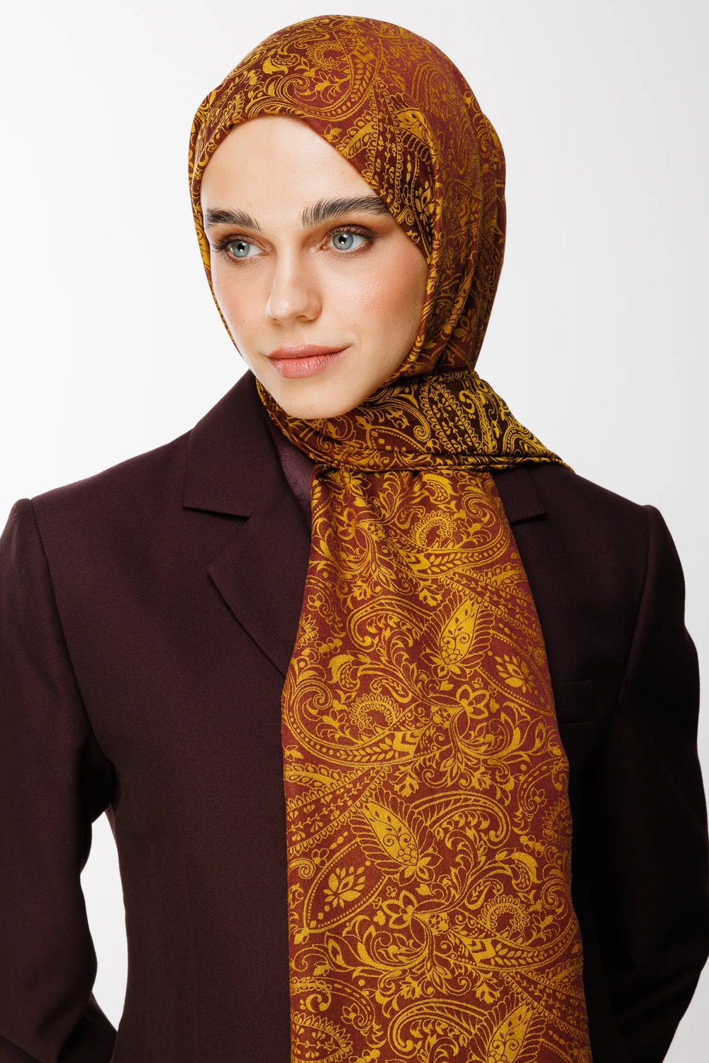 Velora Desen Çift Taraflı Şal - Mürdüm-Sarı