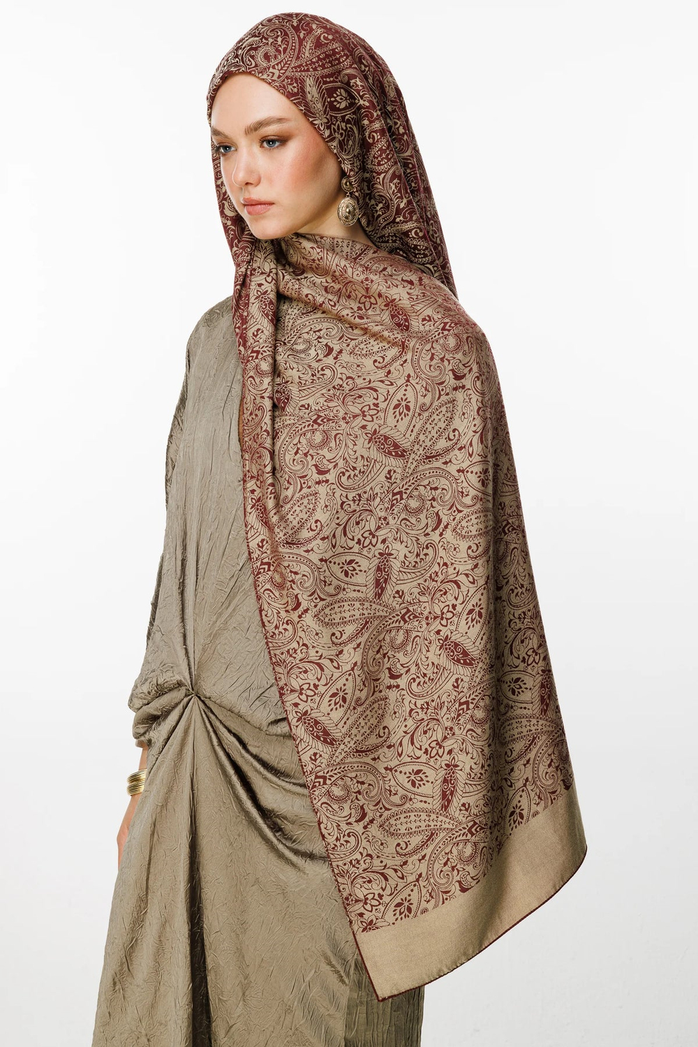 Velora Desen Çift Taraflı Şal - Mürdüm-Somon