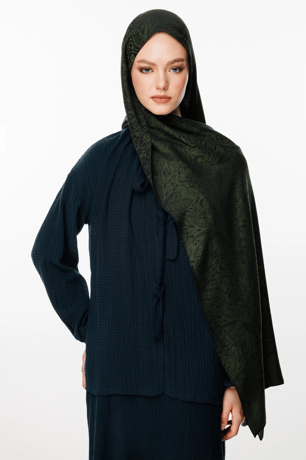 Velora Desen Çift Taraflı Şal - Siyah-Haki