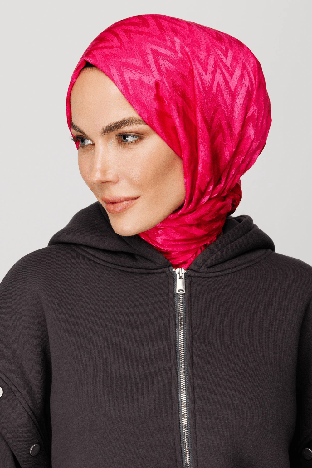 Zikzak Desen Parlak Jakar Şal - Fuşya
