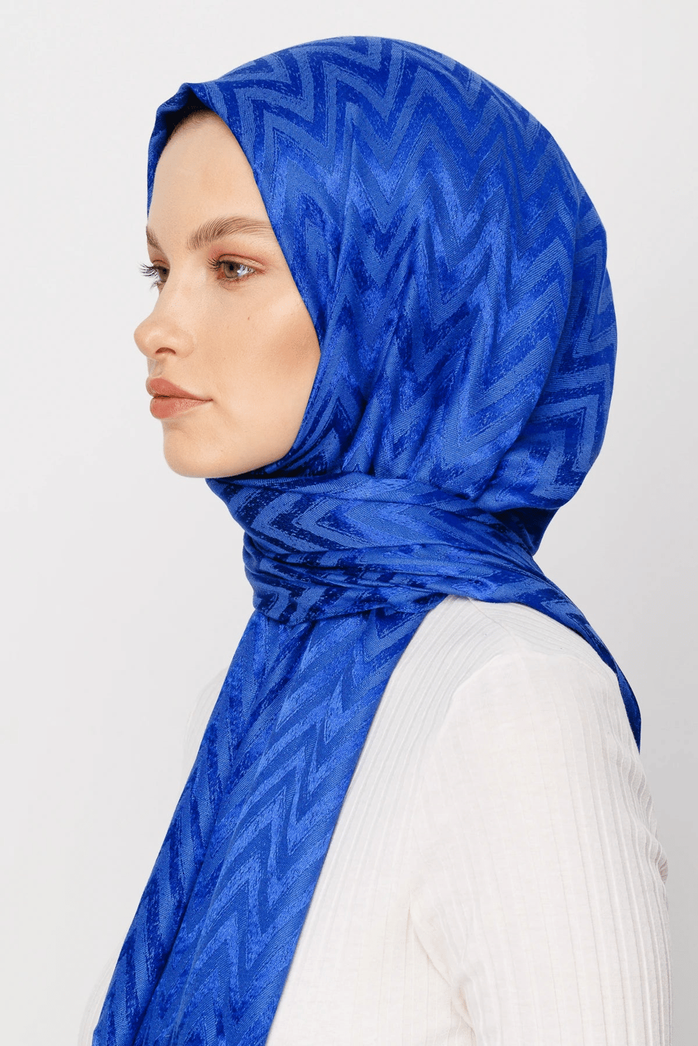 Zikzak Desen Parlak Jakar Şal - Saks Mavi