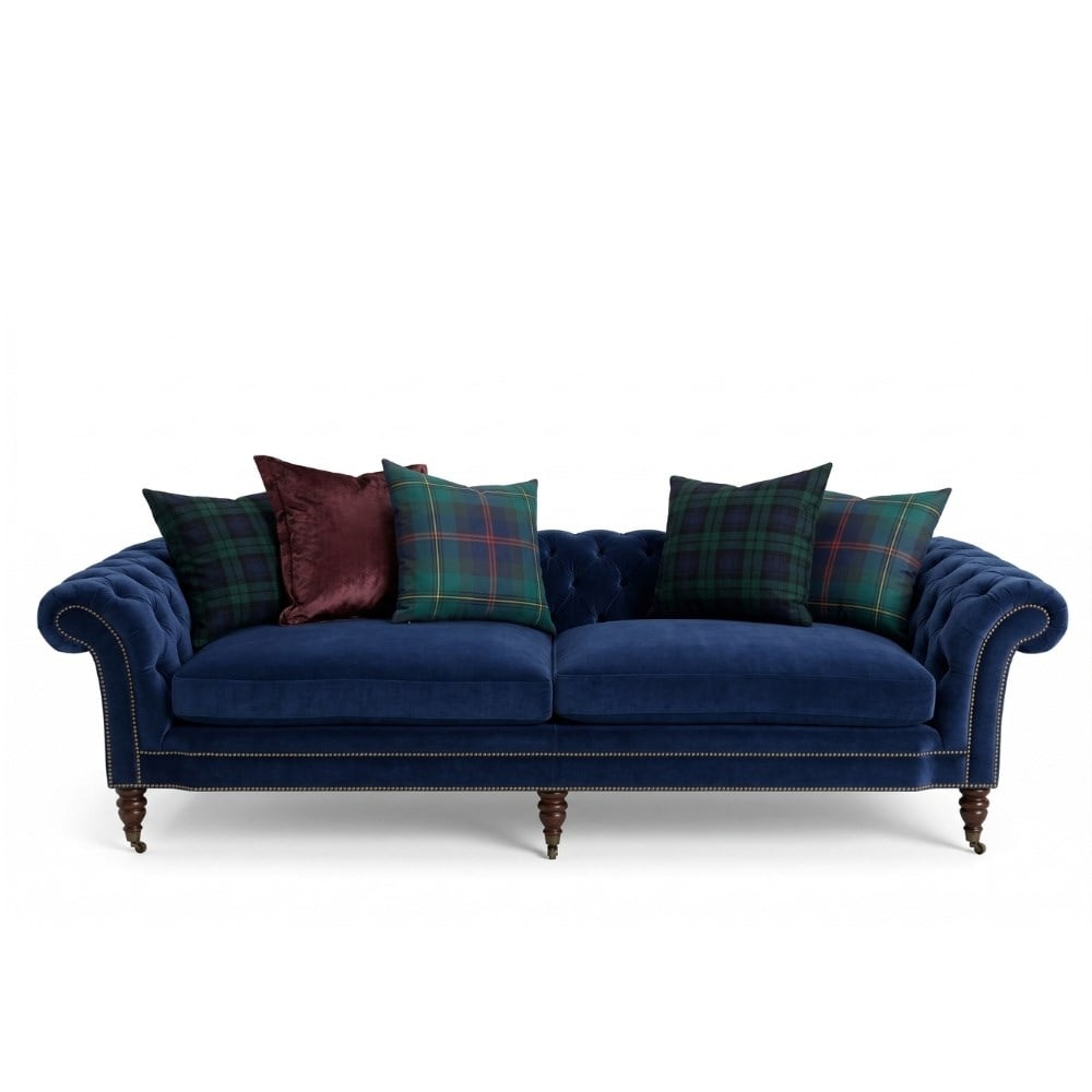Brook Street Üçlü Kanepe-Finish Medium Mahogany-Fabric English Riding Velvet Midnight (Grade 45)-2 Pillow  Blackwatch Plaid Grey Flannel (Grade 69)-2 Pillow Wexford Original (Grade 80)-Nail Antique Brass