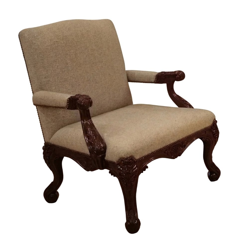 Clivedon Carved Tekli Koltuk-Fabric (UP6524) Stoneleigh Herringbone Pebble-(Grade 56)-Finish Medium Mahogany
