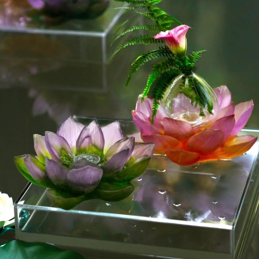Daum Jardin De Lotus Green Pink Floral Sculpture