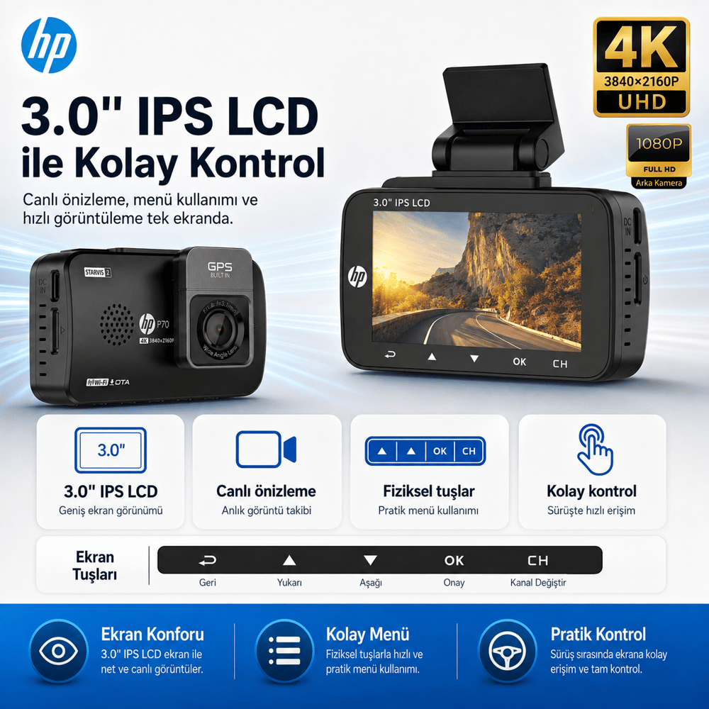 Hp P70 4K Lcd Ekran Wi-fi Ön-Arka Araç İçi Kamera