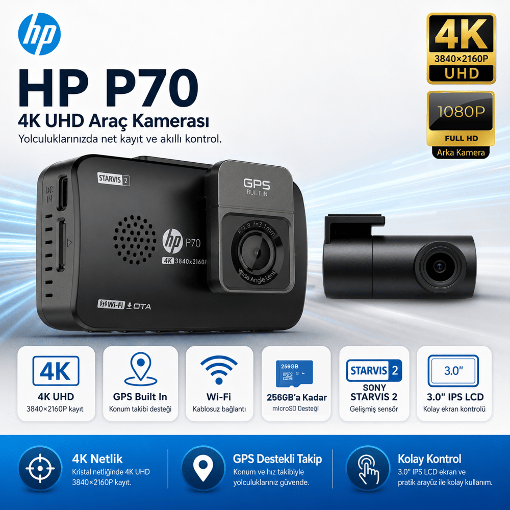 Hp P70 4K Lcd Ekran Wi-fi Ön-Arka Araç İçi Kamera