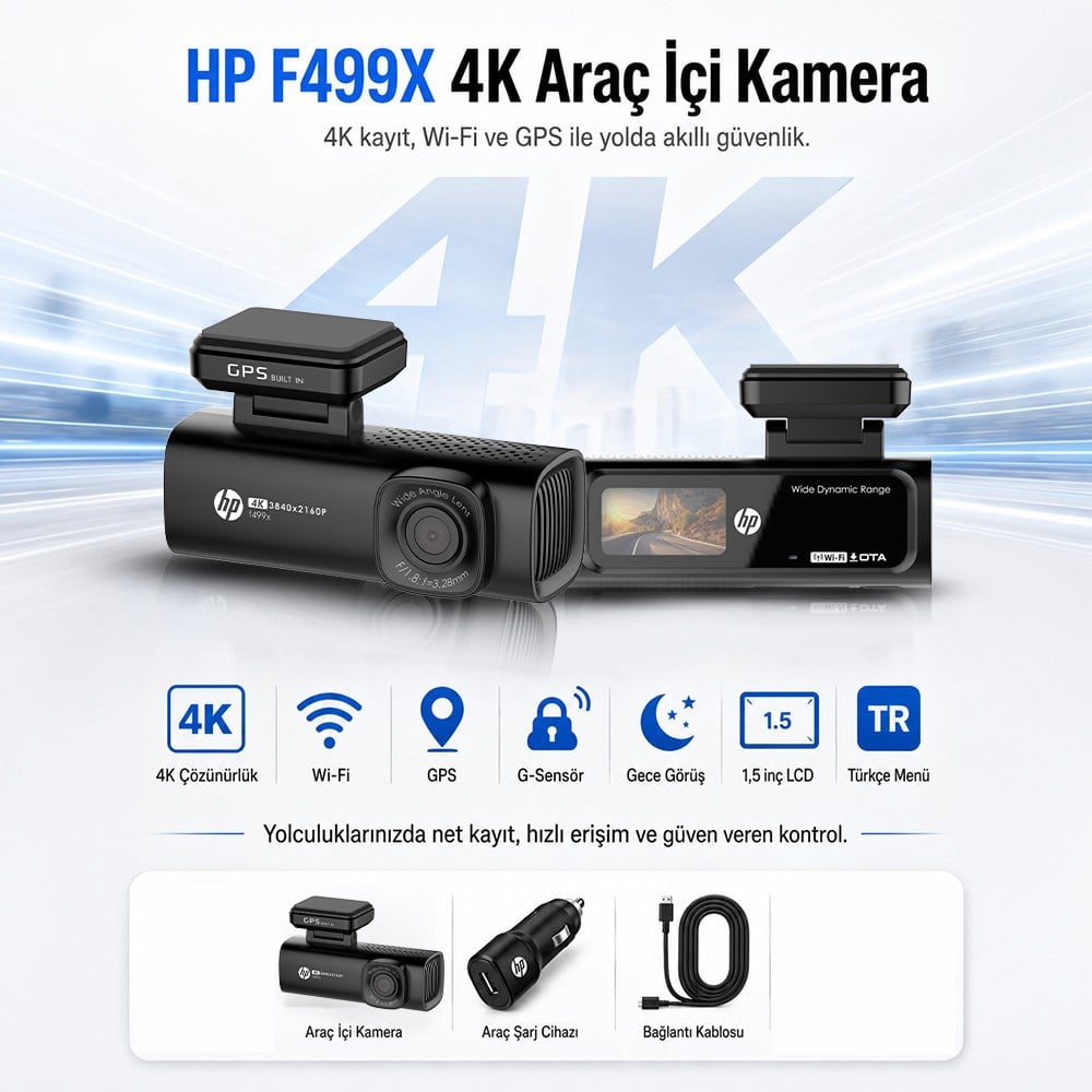 HP F499x 4K Araç İçi Lcd Ekran Wi-fi Kamera