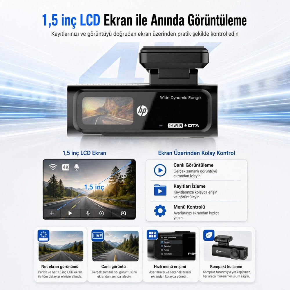 HP F499x 4K Araç İçi Lcd Ekran Wi-fi Kamera