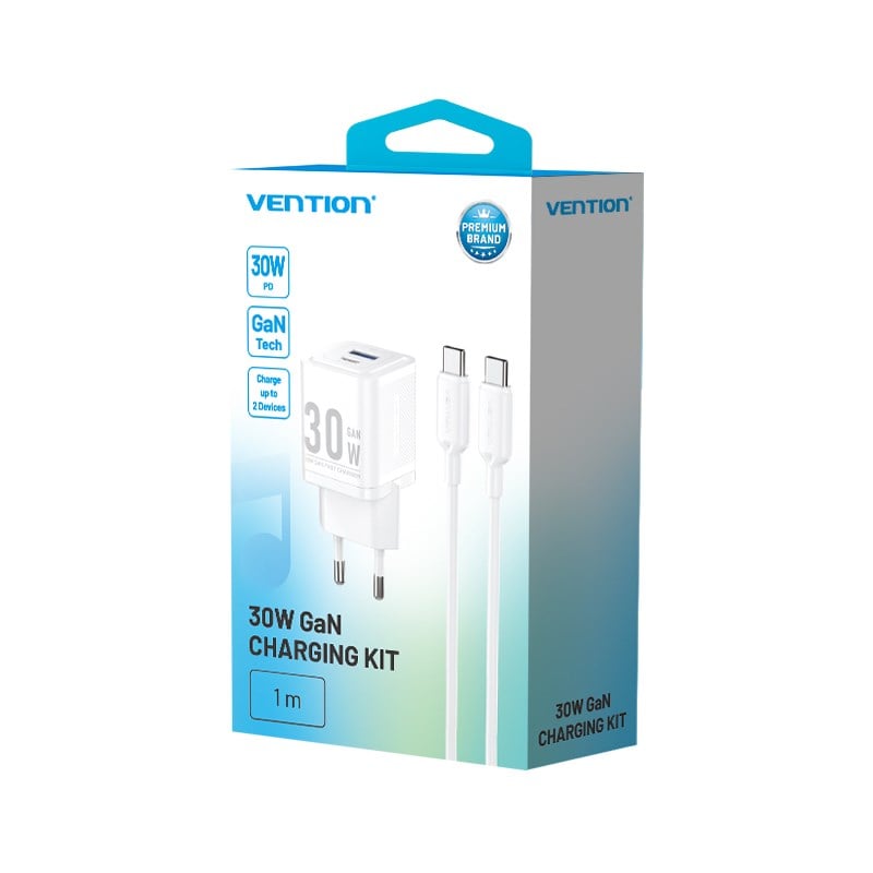 Vention 30W GaN Çift Çıkışlı (USB-C 30W USB-A 30W) 1M Kablolu iPhone Uyumlu Hızlı Şarj Seti Beyaz