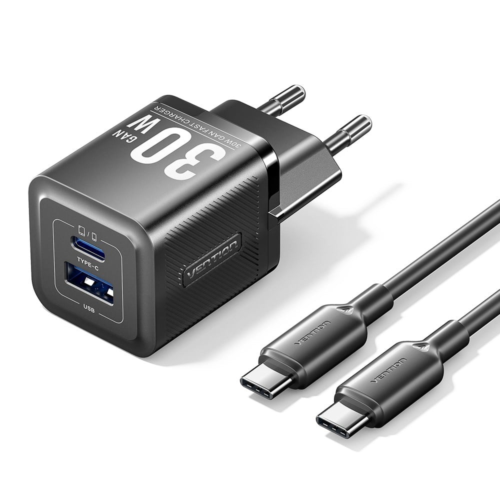 Vention 30W GaN Çift Çıkışlı (USB-C 30W USB-A 30W) 1M Kablolu iPhone Uyumlu Hızlı Şarj Seti Siyah - TZ-FEQ