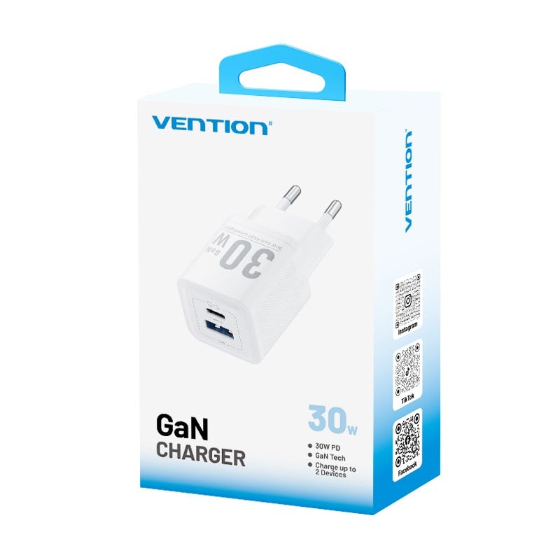 Vention 30W GaN Çift Çıkışlı (USB-C 30W USB-A 30W) iPhone Uyumlu Hızlı Şarj Adaptörü Beyaz - FEQ