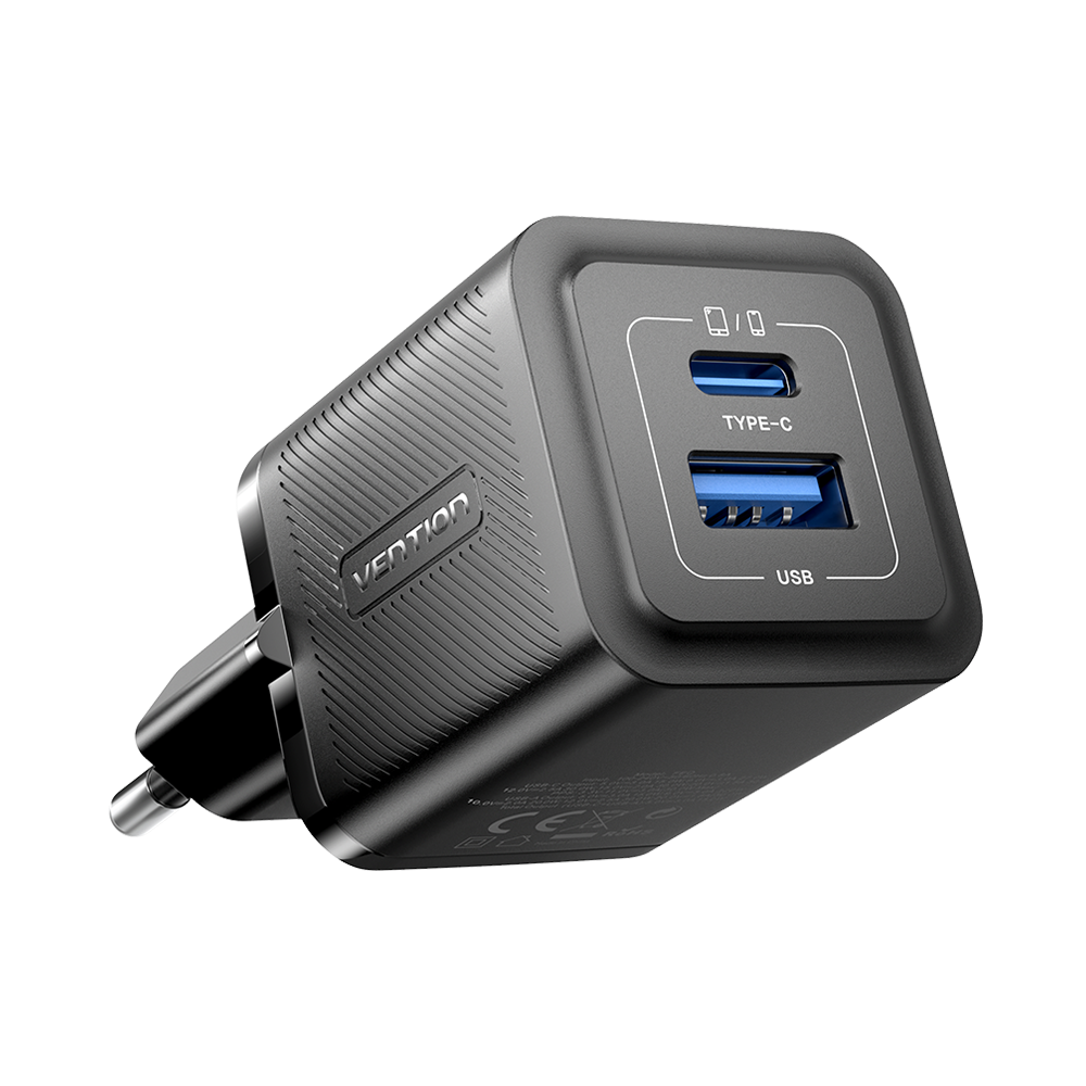 Vention 30W GaN Çift Çıkışlı (USB-C 30W USB-A 30W) iPhone Uyumlu Hızlı Şarj Adaptörü Siyah - FEQ