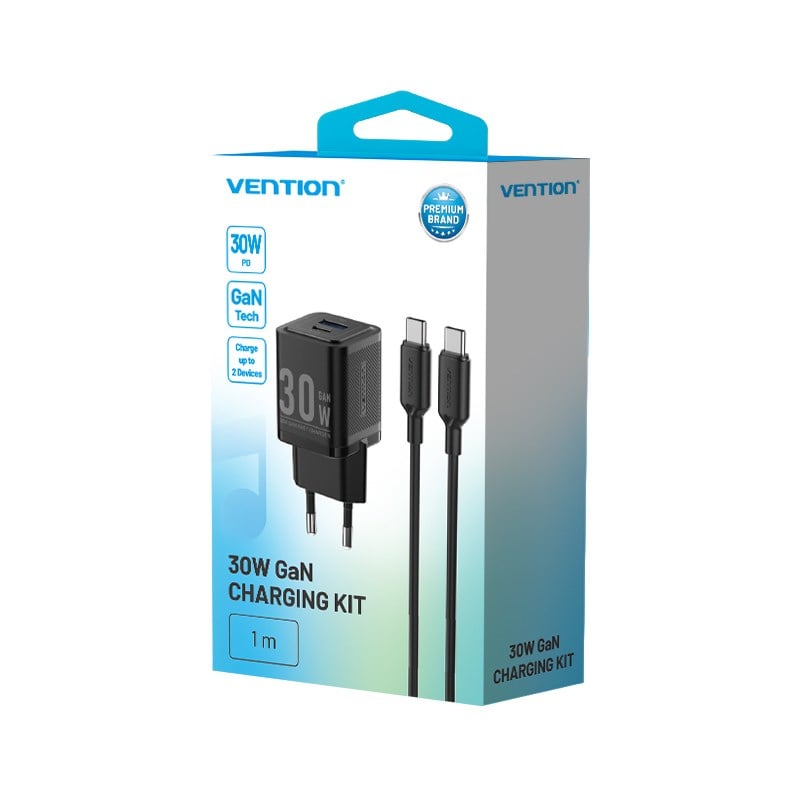 Vention 30W GaN Çift Çıkışlı (USB-C 30W USB-A 30W) 1M Kablolu iPhone Uyumlu Hızlı Şarj Seti Siyah - TZ-FEQ