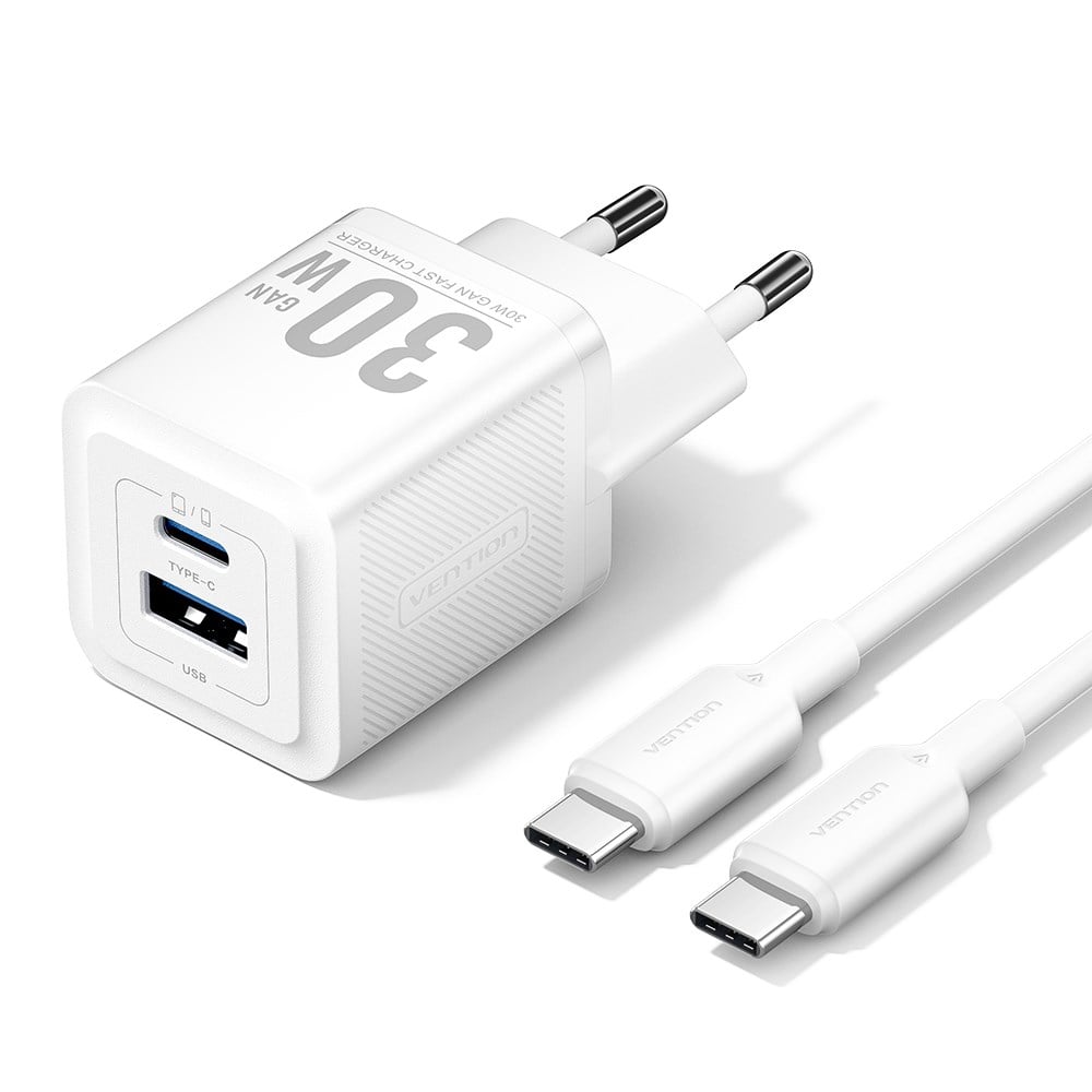Vention 30W GaN Çift Çıkışlı (USB-C 30W USB-A 30W) 1M Kablolu iPhone Uyumlu Hızlı Şarj Seti Beyaz