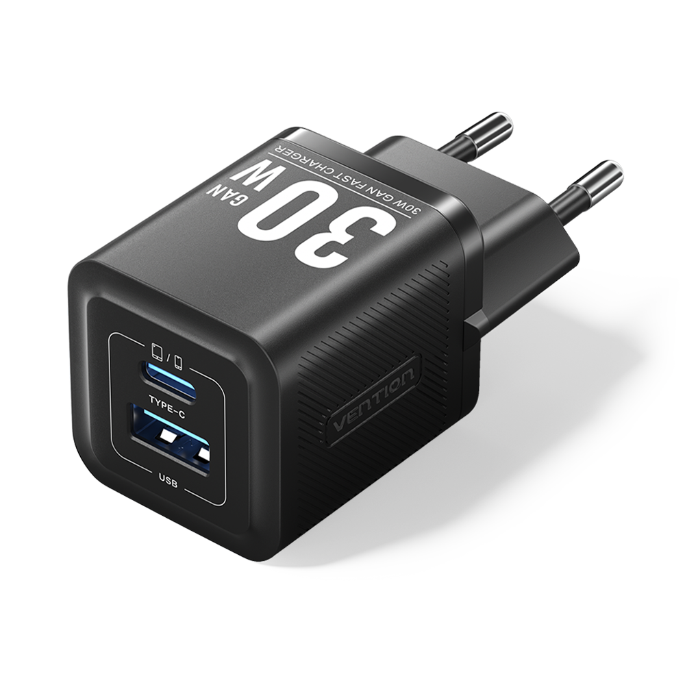 Vention 30W GaN Çift Çıkışlı (USB-C 30W USB-A 30W) iPhone Uyumlu Hızlı Şarj Adaptörü Siyah - FEQ