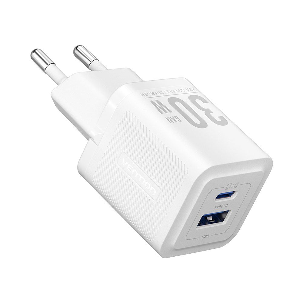 Vention 30W GaN Çift Çıkışlı (USB-C 30W USB-A 30W) iPhone Uyumlu Hızlı Şarj Adaptörü Beyaz - FEQ