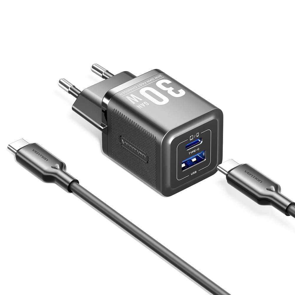 Vention 30W GaN Çift Çıkışlı (USB-C 30W USB-A 30W) 1M Kablolu iPhone Uyumlu Hızlı Şarj Seti Siyah - TZ-FEQ