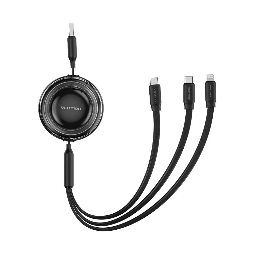 Vention 3,5A Makaralı Çift Type-C ve Lightning Çıkışlı Hızlı Şarj ve Data Kablosu 1,1m Siyah - TRJ