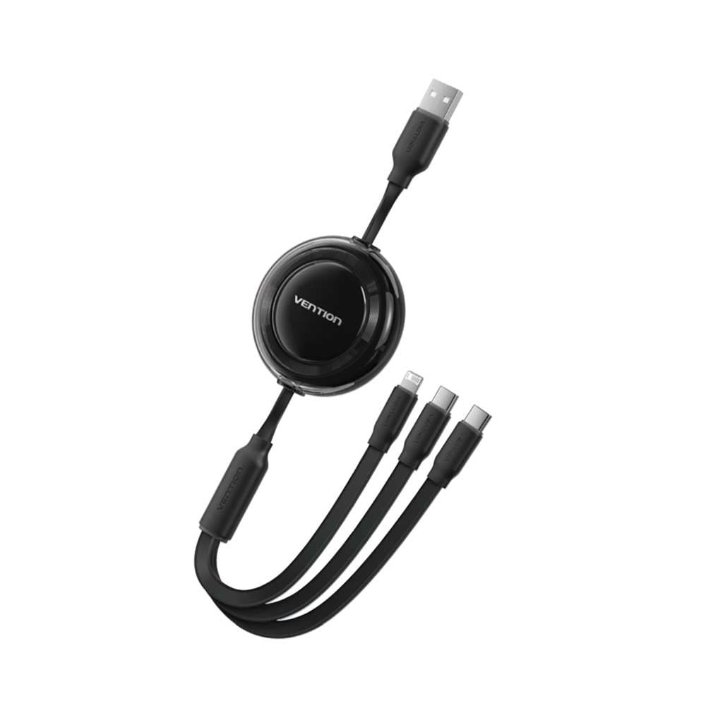 Vention 3,5A Makaralı Çift Type-C ve Lightning Çıkışlı Hızlı Şarj ve Data Kablosu 1,1m Siyah - TRJ