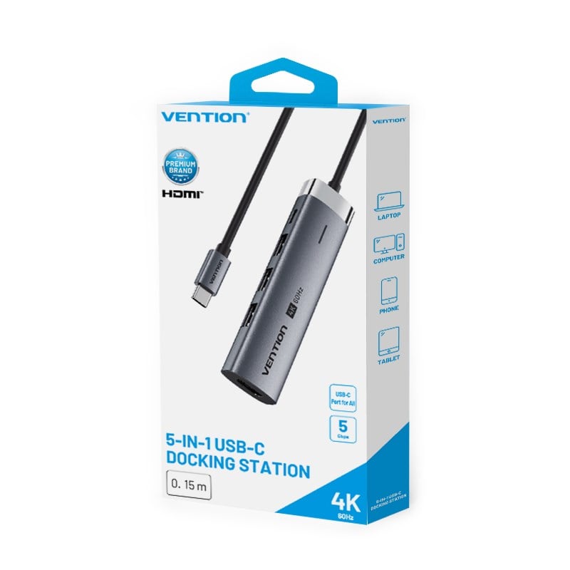 Vention 6sı 1 Arada Alüminyum Alaşımlı Tip-C Hub Çoklayıcı - 4K HDMI 3xUSB 3,0 USB 3,2 Gen 1 Tip-C Veri PD Gri 0,15m  Kablolu - TGMHB