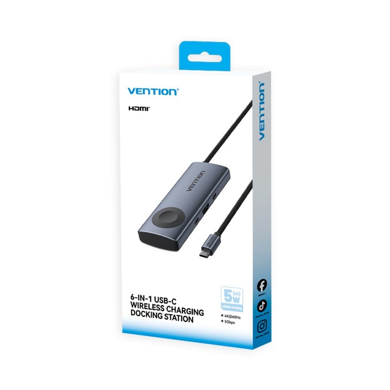 Vention Akıllı Saat ve Kulaklık İçin Kablosuz Şarjlı Tip-C Hub Çoklayıcı 6sı 1 Arada 4K HDMI USB 3,2 Gen 1 Gri 0,11m Kablolu - TPM