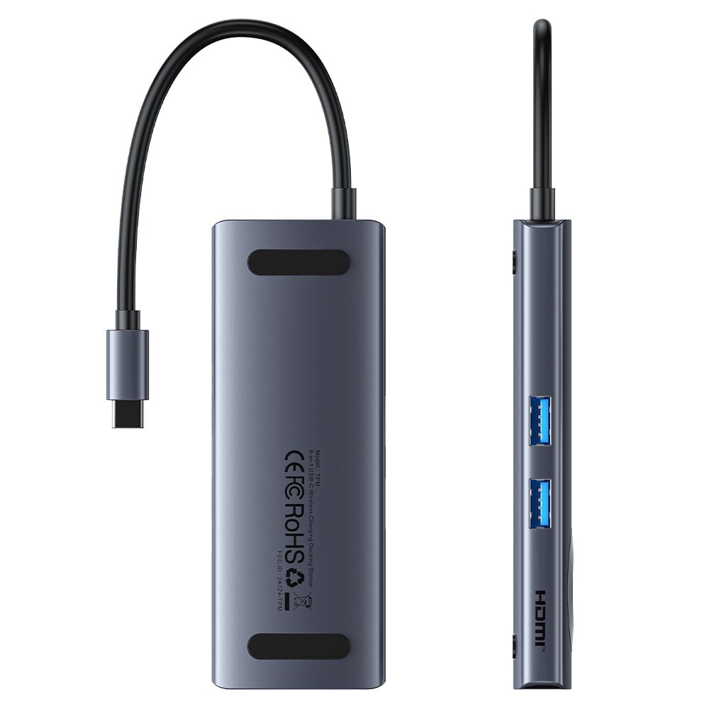 Vention Akıllı Saat ve Kulaklık İçin Kablosuz Şarjlı Tip-C Hub Çoklayıcı 6sı 1 Arada 4K HDMI USB 3,2 Gen 1 Gri 0,11m Kablolu - TPM