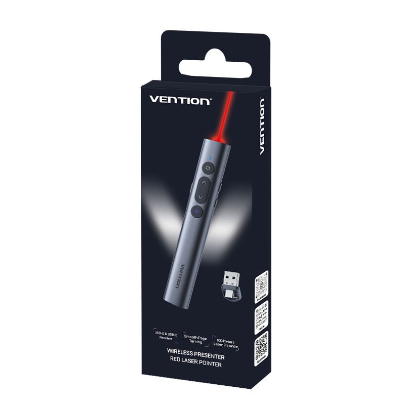 Vention Kablosuz PowerPoint Sunum Kumandası, Kırmızı Lazer Pointerlı Tak Çalıştır Keynote ve PDF Uyumlu Ergonomik Gövde Gri - KQI