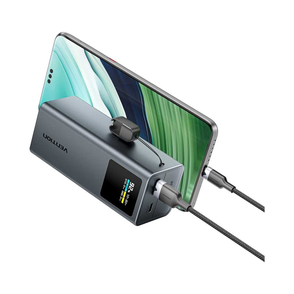 Vention Powerhive Serisi  20000mAh 100W Powerbank TFT Ekranlı 3 Çıkışlı (2xUSB-C + 1xUSB-A) Hızlı Şarj ve Askılı Kablo Tasarımlı  Gri - FKC
