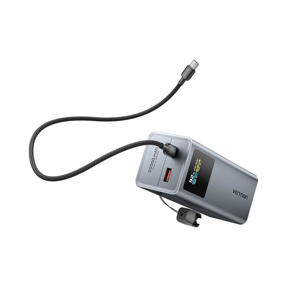 Vention Powerhive Serisi  20000mAh 100W Powerbank TFT Ekranlı 3 Çıkışlı (2xUSB-C + 1xUSB-A) Hızlı Şarj ve Askılı Kablo Tasarımlı  Gri - FKC