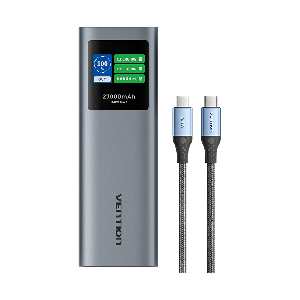 Vention Powerhive Serisi 27000mAh 140W Powerbank LED Ekranlı 3 Çıkışlı (2xUSB-C + 1xUSB-A) Hızlı Şarjlı Gri - FKE