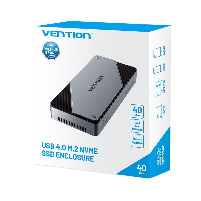 Vention USB 4,0 Thunderbolt 4 / 3 Uyumlu M.2 NVMe SSD Kutusu Alüminyum Alaşım 40Gbps Tip-C Aktif Fan Soğutmalı Gri - KPZ